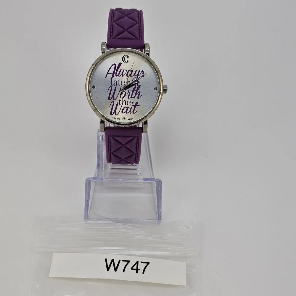 37MM Women Watch Always Late But Worth the Wait Purple Plastic Bands New Battery
